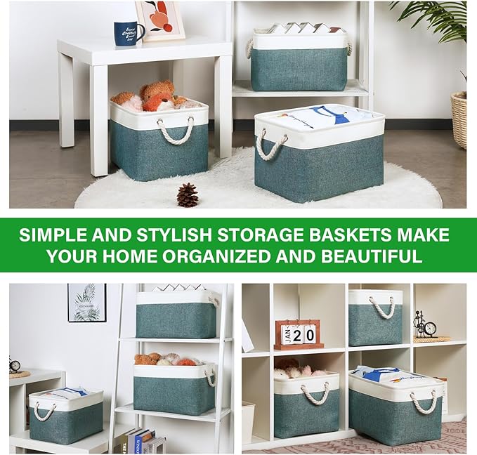 Bidtakay Fabric Storage Baskets for Shelves 3 Pack Large Storage Bins for Organizing Linen Collapsible Organizer for Closet-Deep Green