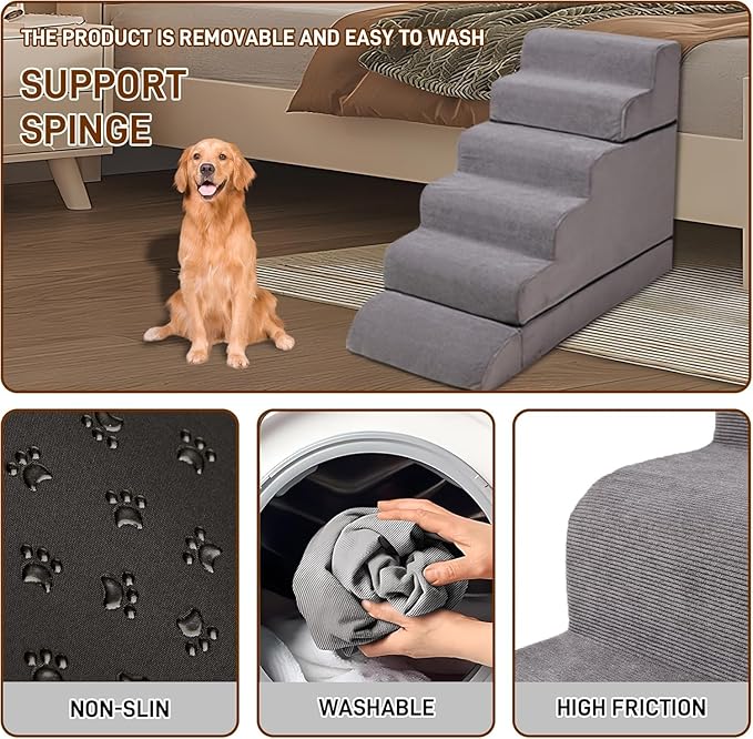 Dog Stairs for High Beds Up to 24-30",Non-Slip 6 Steps Pet Stairs for Small Medium Dogs & Senior Cat,Washable Cover