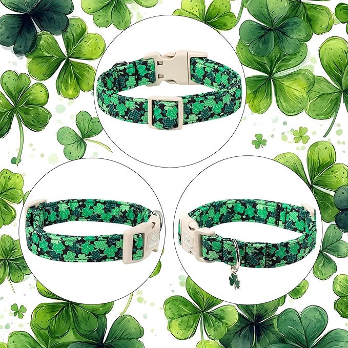 St Patricks Day Dog Collar for Puppy Small Dogs - Green Lucky Clover Dog Collars, Lightweight Adjustable Irish Festival Shamrock Dogs Collars with Quick Release Buckle XS