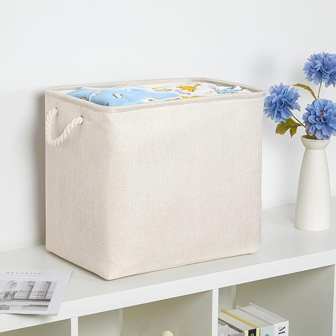 Bidtakay Extra Large Storage Baskets for Organizing Clothes Storage Bins 3 Pack Fabric Storage Bins for Shelves Linen Collapsible Organizer for Closet-Light Biege