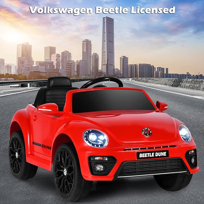 Costzon Ride on Car, 12V Licensed Volkswagen Beetle Battery Powered Vehicle w/Remote Control, Spring Suspension, Lights, USB, Horn, Music, 4 Wheeler for Boy Girl Gift, Electric Car for Kids (Red)