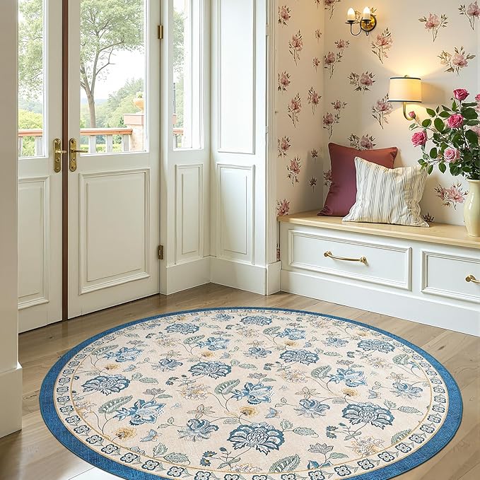 jinchan 6ft Floral Round Rug for Dining Room Washable Living Room Rug Vintage Romance Design Non Slip Indoor Floor Cover Lightweight Low-Profile Throw Carpet for Bedroom Porch Patio, Blue/Beige