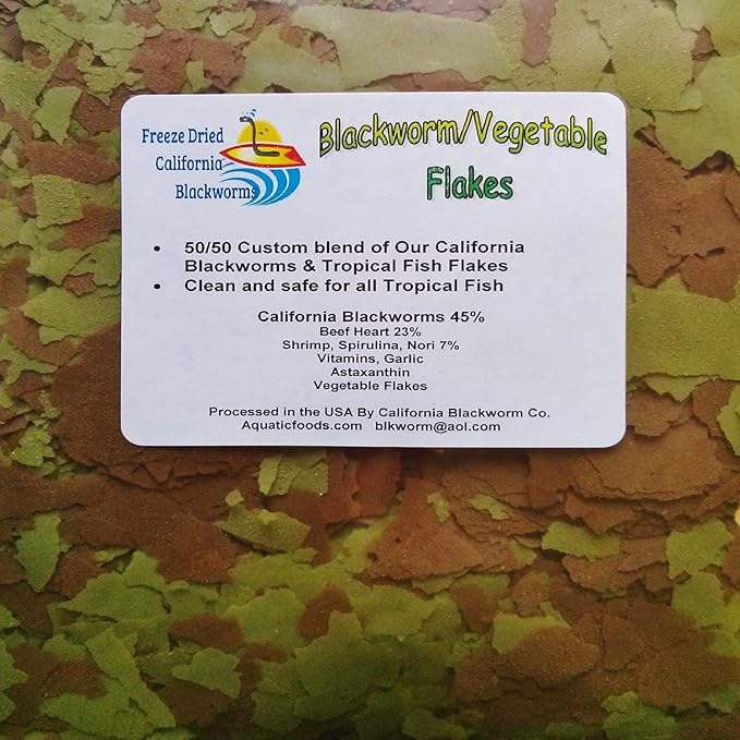 Aquatic Foods Inc. Flakes - 45% California Blackworm & Vegetable Flake Mix for Discus, Cichlids, Tetras, Guppies, Live Bearers, Pond Fish, All Community Tropical Fish Premium AF Flakes - 1/4-lb