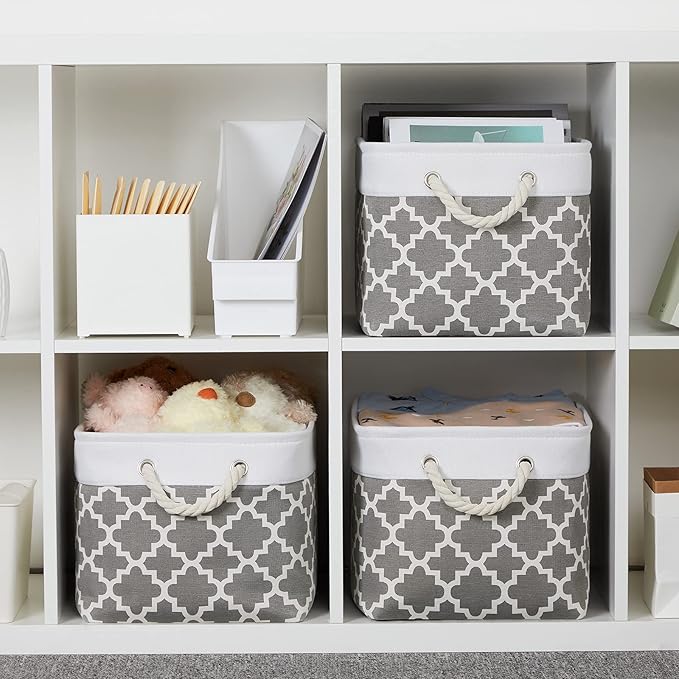 Bidtakay Basket Storage Bins Baskets for Organizing Set of 3 Collapsible Cloth Storage Linen Closet Organizer 15 X 11 X 9.5 Inches Large Foldable Baskets for Shelves (White&Quatrefoil Grey)