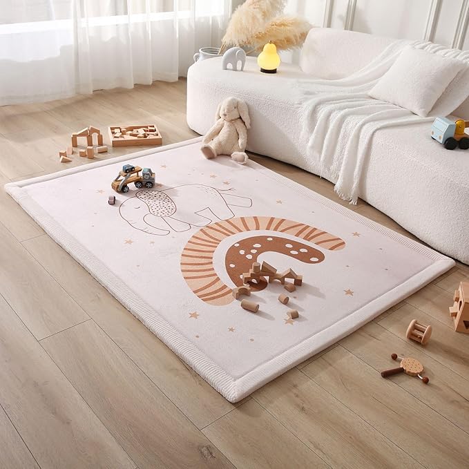Stylish Coral Baby Play Mat for Floor 47" x 67" Rainbow Elephant – Soft 1" Thick High-Density Memory Foam Nursery Rug,Kids Rug with Non-Slip Backing for Crawling & Playing, Playroom Rug, Kids Carpet