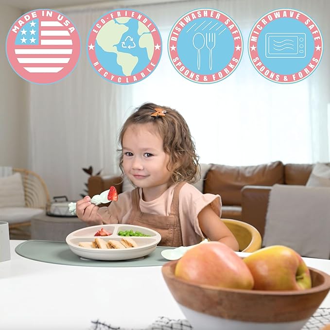 Made in USA Spoon la la Toddler Utensils Set - 2 Pack (1 Spoon & 1 Fork for Kids) - Self-Standing 3D Ergonomic Cat & Dog Handles - BPA-free, Dishwasher Safe, Baby Silverware (Mint Green)