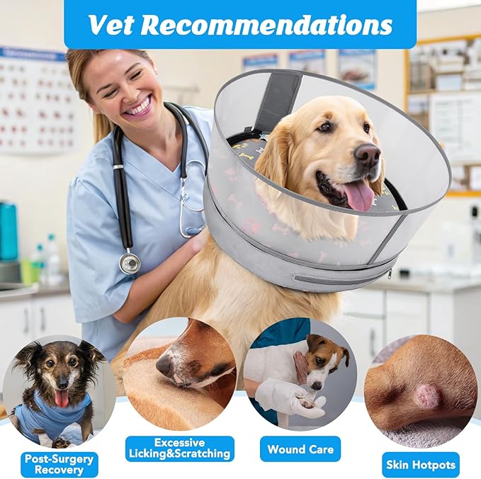 Inflatable Dog Cone with Anti-Licking Clear Shield, Protective Dog Donut Collar After Surgery, Adjustable Soft Recovery Cone for Pets, Alternative Collar with Buckle Strap (Grey Paw, S)