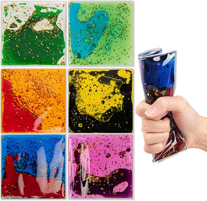 Art3d 6”x6” Square Sensory Fidget Liquid Motion Tiles for Kids, Toddler, Teens - Interactive Soft Gel Liquid Play Mats for Home, Schools, Playrooms, Multi-Pack of 6 Tiles