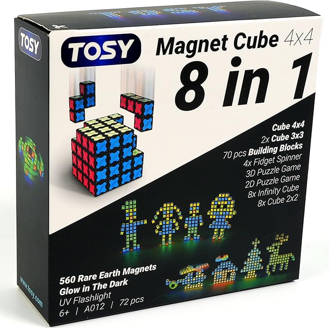 TOSY Magnet Cube 4x4 - 560 Magnets, 70 Blocks, 8 in 1 Toy: Puzzle Cube Game, Creative Building Blocks, Transformable Fidget Spinner, Infinity Cube, Magnet Tiles, UV Flashlight, Glowing STEM/STEAM Toy