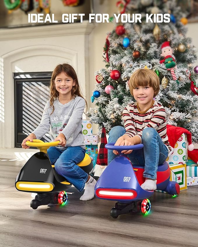 FanttikRide 6V N7 Classic Electric Wiggle Car with Pedal, Rechargeable Battery, Ride on Toys, Swing Car, 2 Speeds, Anti-Rollover, Flashing Light Wheels, Bluetooth, for Ages 3 and Up, 150 Lbs, Yellow