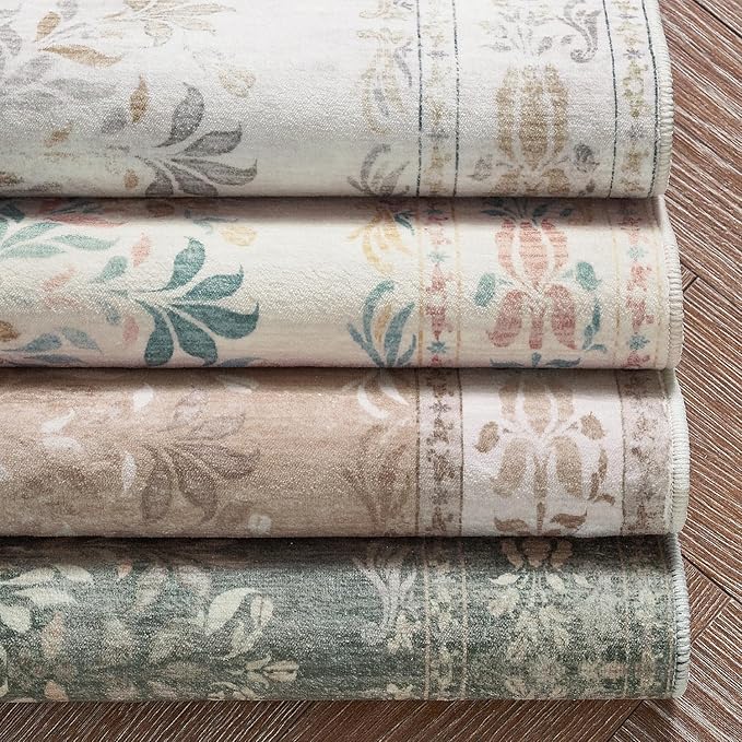 jinchan Vintage Floral Runner Rug 2x6 - Machine Washable Distressed Design Non-Slip Low-Pile Soft Thin Carpet for Hallway Kitchen Farmhouse Bedroom Entryway Laundry Room (2x6ft,Apricot Multi)