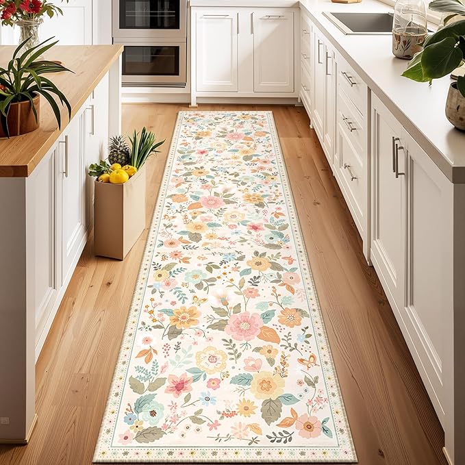 Floral 2x6 Area Rug Machine Washable Soft Print Boho Carpet Non Slip Doormat Low Pile Flower Area Rugs for Living Room Bedroom Nursery Kitchen Dining Room Indoor-Beige/White/Orange