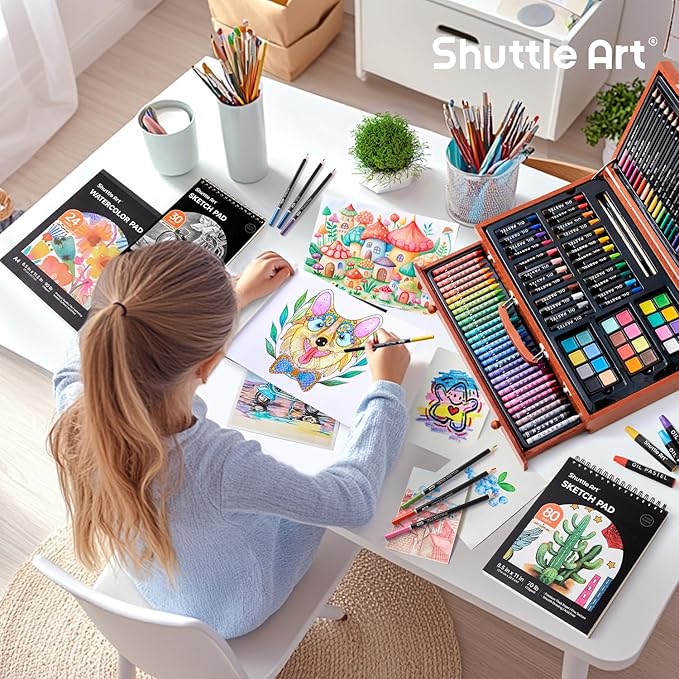 Shuttle Art 149 Piece Deluxe Art Set, Art Supplies in Wooden Case, Painting Drawing Art Kit with Crayons Colored Pencils Oil Pastels Watercolor Cakes Coloring Book Sketch Pad for Kids Adults