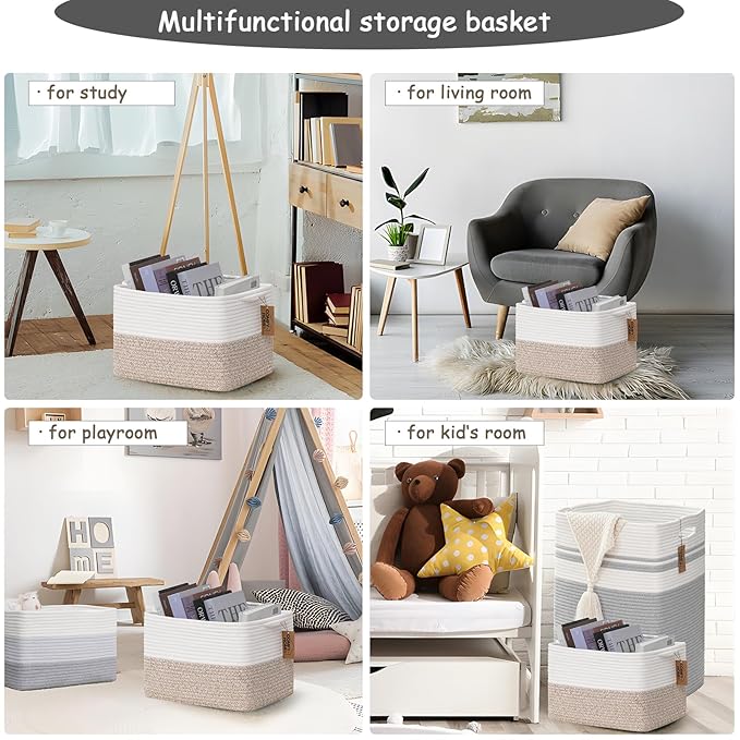COMFY-HOMI Cotton Rope Woven Basket with Handles for Shelves,Toys,Book, Cloth Storage Baskets for Organizing-13.5" x 11" x 9.5" Toy Decorative Organizer for Living Room, Bathroom (White/Brown)