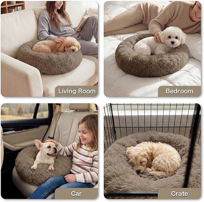 Calming Dog Bed, 24" x 24" x 6" Fits Cat & Dog, Anti-Slip Round Washable Faux Fur for Doze Off, Napping Orthopedic, Khaki