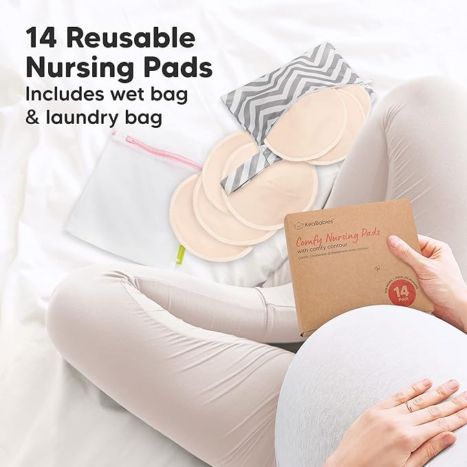 Organic Nursing Pads - 14 Washable Viscose Derived from Bamboo Breastfeeding Pads, Wash Bag, Reusable Breast Pads for Breastfeeding, Nipple Pads for Breastfeeding Essentials(Bare Beige, M 3.9")