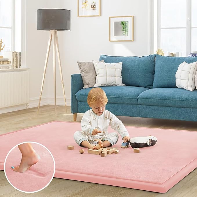 Baby Play Mat for Floor Tummy Time Mat Nursery Rug Muscle Mat Area Rug Playroom Rug Tatami Mat 9'2"x6'7" Memory Foam 1.3" Thick Crawling Mat for Babies,Toddlers, Infants, Kids,Floor Mat(Pink)