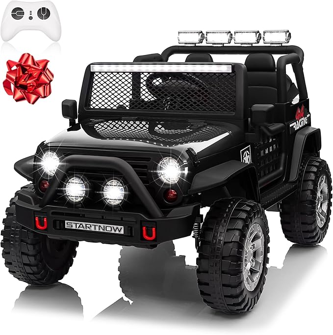 24V 4WD Ride on Truck Car w/800W Motors, Gift Flower, Remote Control, 2 Seaters, Light Bar, 3 Speeds, Pop Music, Power Four Wheels, 24 Volt Ride on Toy Car for Big Kids, Black