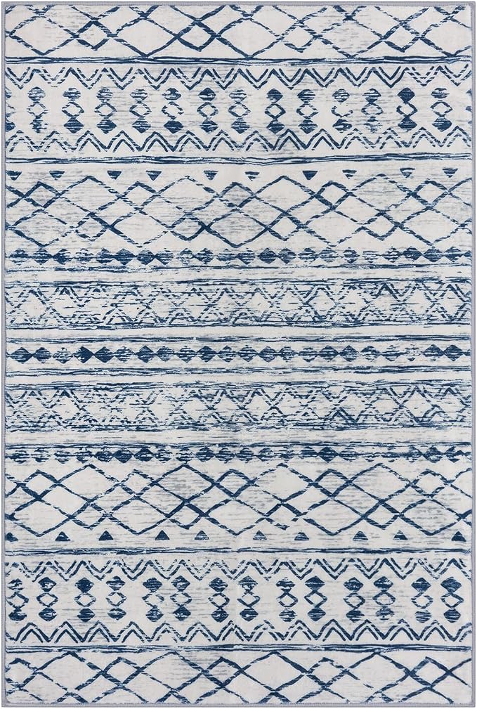 KUTA Area Rug 5x7, Moroccan Large Blue White Rugs Washable Boho Non-Slip
