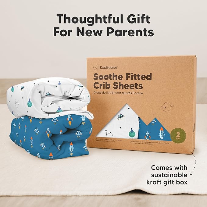 KeaBabies 2-Pack Organic Crib Sheets for Boys, Girls - 52x28 Fitted Crib Mattress Sheet Neutral, Breathable Jersey Cotton Cover for Baby Bed, Toddler Mattress, Soft & Cute Prints (Space Quest)