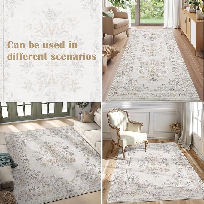 jinchan Floral 2x3 Rug for Entryway - Vintage Washable Area Rug Ultra-Thin Low Pile Soft Small Non Slip Distressed Indoor Door mat Accent for Entrance Kitchen Bedroom Bathroom (2x3ft,Light Grey)