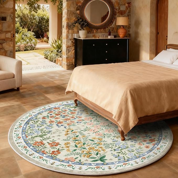 Washable Round Rugs for Bedroom 4ft: Living Room Rug Stain Resistant Non Slip