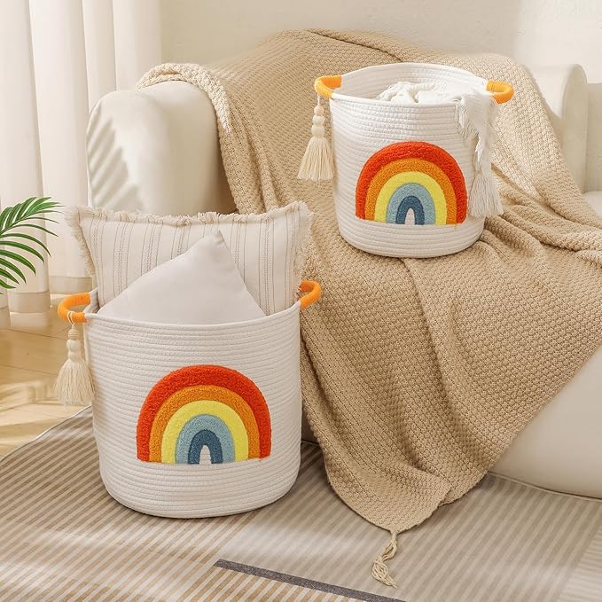 INough Toy Storage Baskets Woven Cotton Rope Storage Basket Kids Blanket Baskets for Living Room, Toys Organizer with Embroidery Colorful Rainbow Decor, Baby Basket for Laundry Nursery (Boho Rainbow)