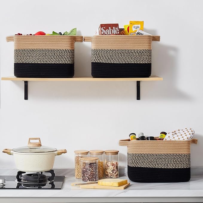 Storage Basket for Organizing, Woven Baskets for Storage, Rectangle Decorative Baskets for Shleves, Closet, Toys, Books, Nursery Organizer Bins - Pack of 3 (Black & Brown)