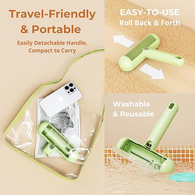 Reusable Pet Hair Remover - Lint Roller for Dog & Cat Fur - for Furniture, Carpet, Clothing - Detachable Handle (Apricot (Light Beige))