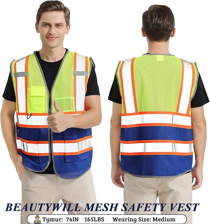 10 Pack Custom Safety Vest Customized Logo Mesh Vest Class 2 High Visibility Reflective Vest with Pockets Workwear(Yellow Blue,M )