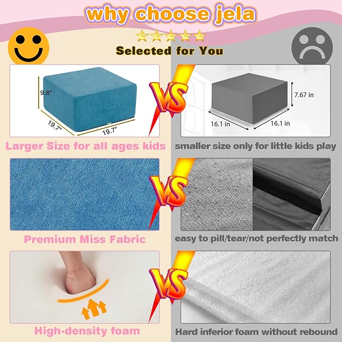 Jela Foam Blocks - Soft Play Equipment with 6 Luxury Miss Fabric Climbing Blocks for Toddlers, Babies & Kids - Lightweight Climb & Crawl Playset