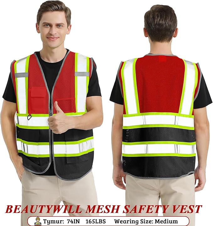 BeautyWill Custom Safety Vest Customized Logo Mesh Vest Class2 High Visibility Reflective Vest with Pockets Workwear(Red Black,L )