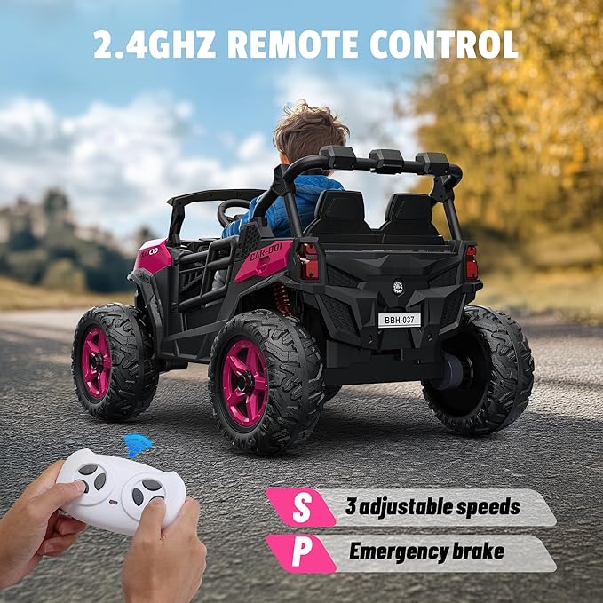 24V 2 Seater Ride on Car Truck, 4x200W, EVA Tires, 4WD/2WD, Rainbow Lights, Remote Control, Shock Absorbers, Bluetooth, Ride On UTV Toy for Kids Ages 3-8, Pink