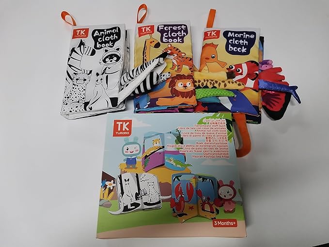 TUMAMA TK 3PCS Baby Books 0-6 Months, Soft Cloth Books for Babies Infants Toddler, Touch and Feel Crinkle Cloth Books 6 to 12 Months, Early Development Interactive Toys Gifts for Boys Girls