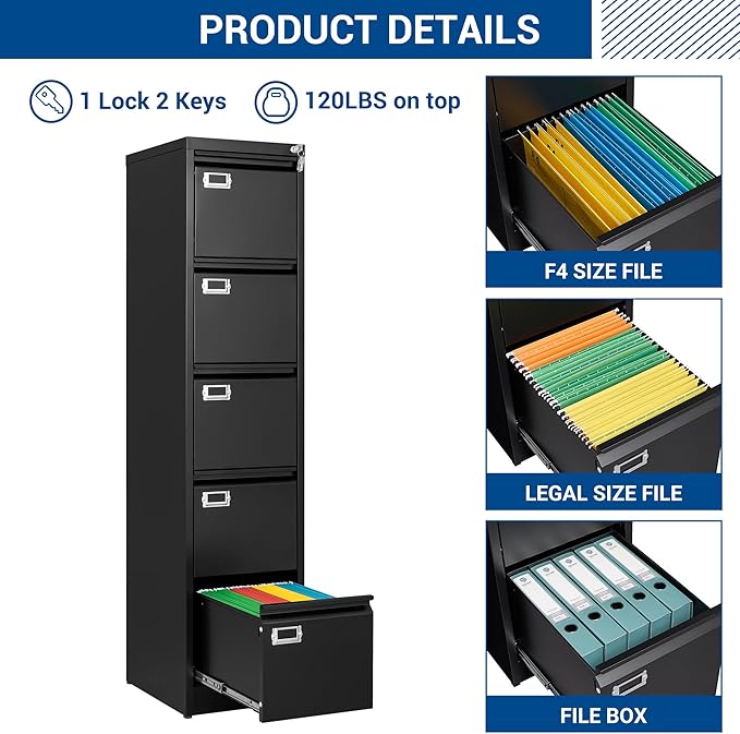 File Cabinets - 5 Drawers Vertical 17.8" Deep Lockable Filing Cabinet - Black & Gray Metal Storage Cabinets for Home Office to Hanging Files Letter/Legal/F4/A4 Size