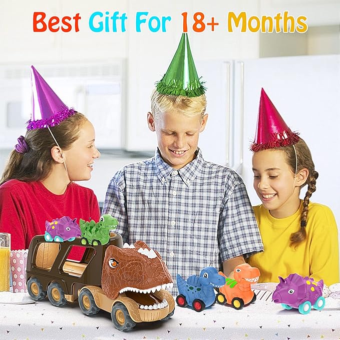 Veslier Dinosaur Car Toy for 2 3 4 5 Years Old Boys, Friction Power Carrier Truck with 4 Pack Small Pull Back Dino Car, Christmas Birthday Gift for 18+ Months Boy Girl Kids Toddlers