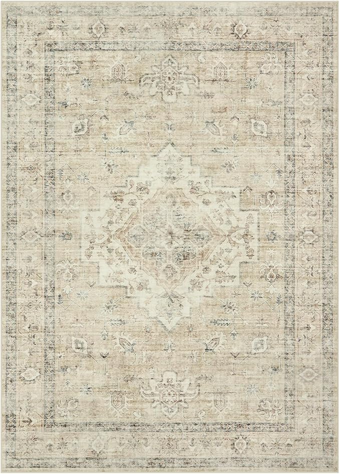 LIVEBOX Bedroom 4x6 Washable Area Rug for Entryway Kitchen, Non-Slip Soft Boho Rugs for Dining Room Office, Farmhouse Low-Pile Neutral Soft Carpet for Nursery Room Playroom, Tan