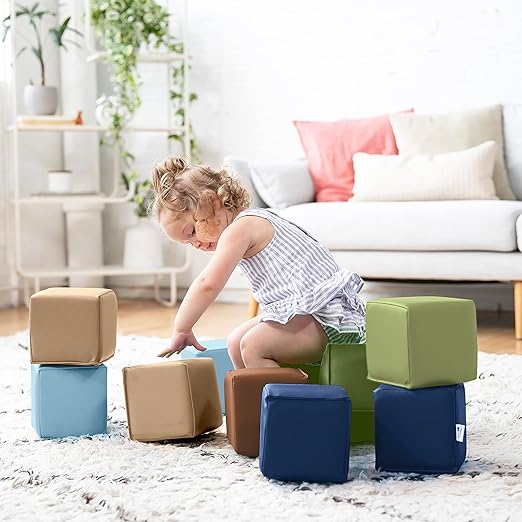 ECR4Kids SoftZone Patchwork Toddler Building Blocks, Foam Cubes, Earthtone, 12-Piece