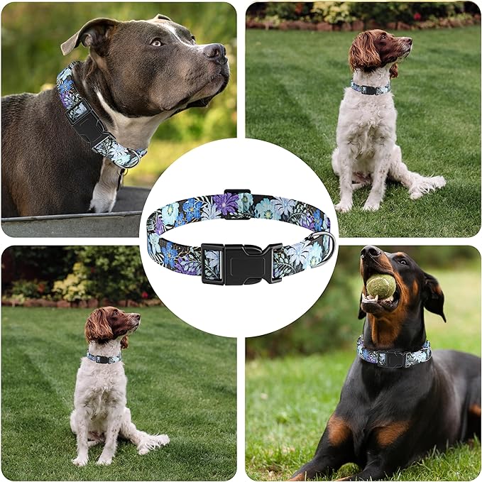 Dog Collar for Boys & Girls, Puppy Collar for Small to Large Dogs, Adjustable Soft Pet Collar with Safety Buckle - Purple Floral Pattern, XL