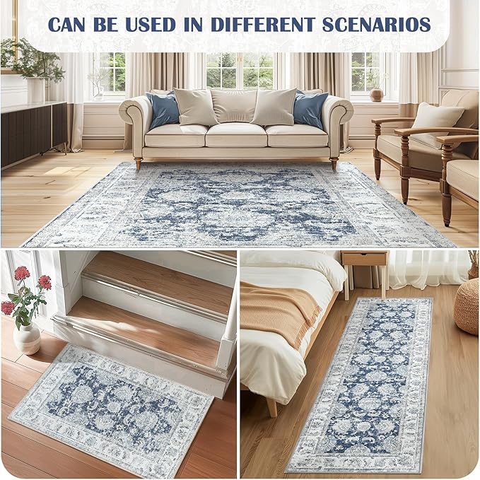 jinchan Floral 2x3 Rugs for Entryway - Vintage Washable Small Non-Slip Distressed Indoor Doormat Ultra-Thin Low-Pile Accent Rug for Entrance Kitchen Bedroom Bathroom (2x3ft,Dark Blue)