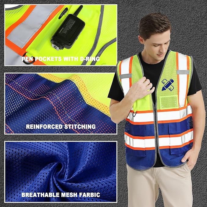 5 Pack Custom Mesh Safety Vest Customized Logo Class2 High Visibility Reflective Vest with Pockets Construction workwear(Yellow Blue,3XL )