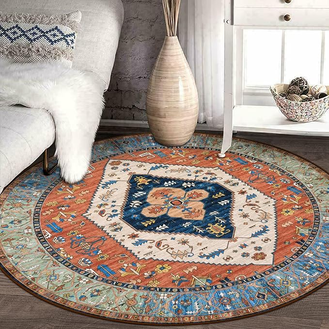 Lahome Boho Washable 5Ft Round Area Rug, Non-Slip Throw Untra-Thin Round Carpet, Oriental Vintage Distressed Circle Rug for Dining Living Room Bedroom Kitchen Office, 5x5/Rust