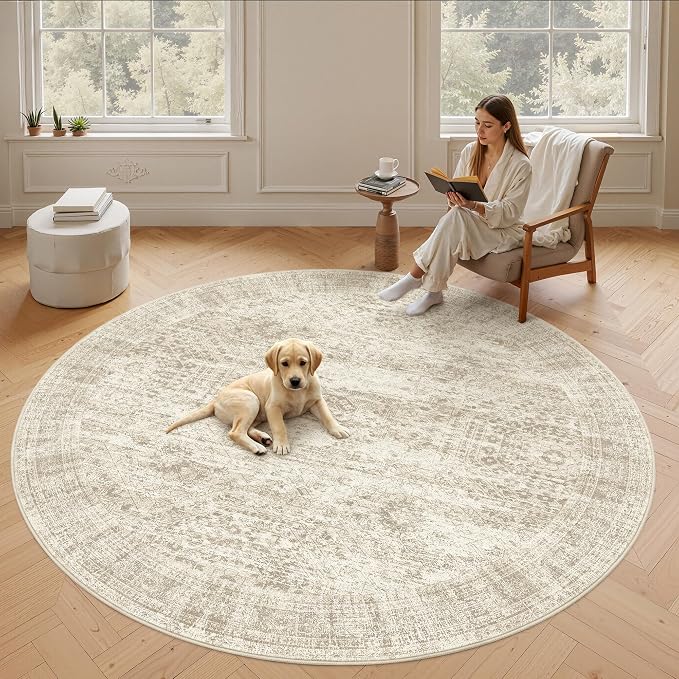 Soalmost 8x8 Beige Round Rug 8ft Living Room Circle Rug Vintage Round Area Rug