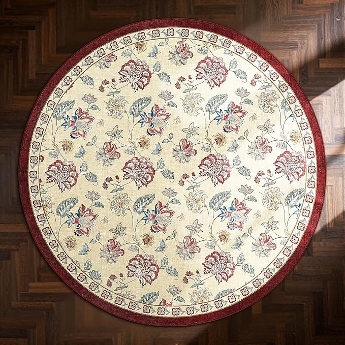 jinchan 7ft Floral Round Rug for Dining Room Washable Living Room Rug Vintage Romance Design Non Slip Indoor Floor Cover Lightweight Low-Profile Throw Carpet for Bedroom Porch Patio, Red/Beige