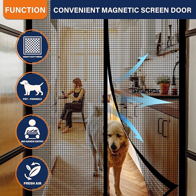 Magnetic Screen Door,Fiberglass Screen Door Mesh,Keep Bugs Out, Heavy-Duty Mesh Curtain,Pet and Kid Friendly, Works with Front Doors, Sliding Doors(36x80 Inch Fiberglass