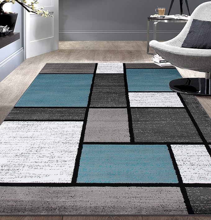 Rugshop Contemporary Modern Boxes for Home Office,Living Room,Bedroom,Kitchen Non Shedding Area Rug 9' X 12' Blue/Gray