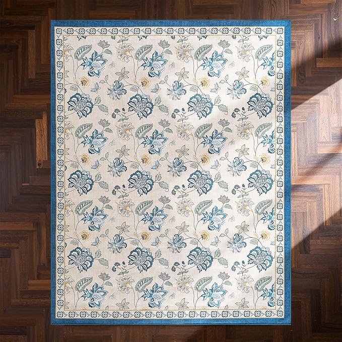 jinchan 8x10 Floral Rug for Living Room Washable Bedroom Rug Vintage Romance Design Non Slip Thin Indoor Floor Cover Large Low-Profile Throw Carpet for Dining Room Office, Blue/Beige
