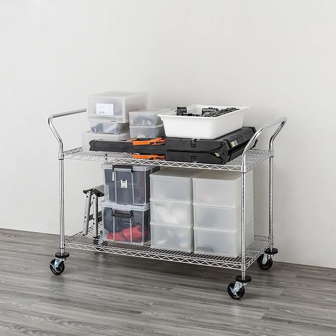 Finnhomy 2-Tier Commercial Grade Rolling Cart, Heavy Duty Utility Cart, Carts with Wheels and Handles, Kitchen Cart on Wheels, Metal Serving Cart with 700 lbs Capacity, Shelf Size 24" D x 48" W, NSF