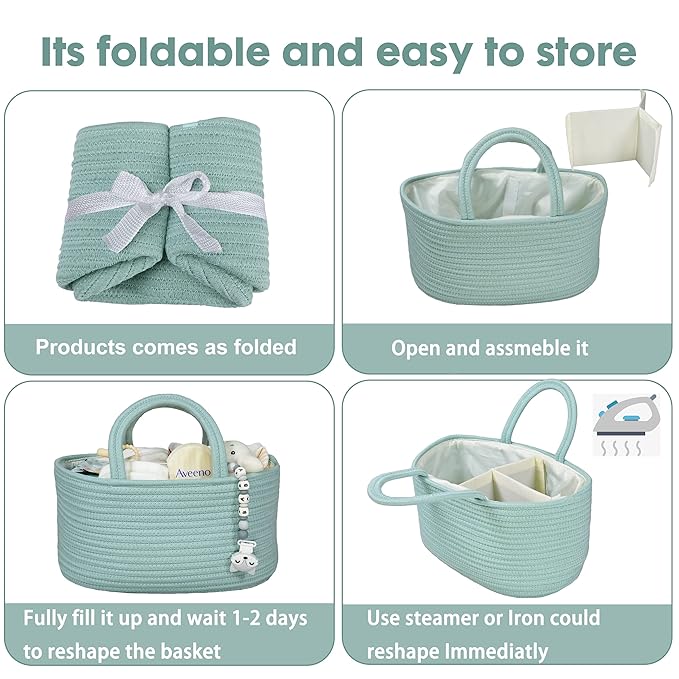 Diaper Caddy Organizer for Baby Cotton Rope Nursery Storage Bin Basket Portable Holder Tote Bag for Changing Table Car Travel Baby Shower Gifts Newborn Essentials Registry Must Haves Light Green