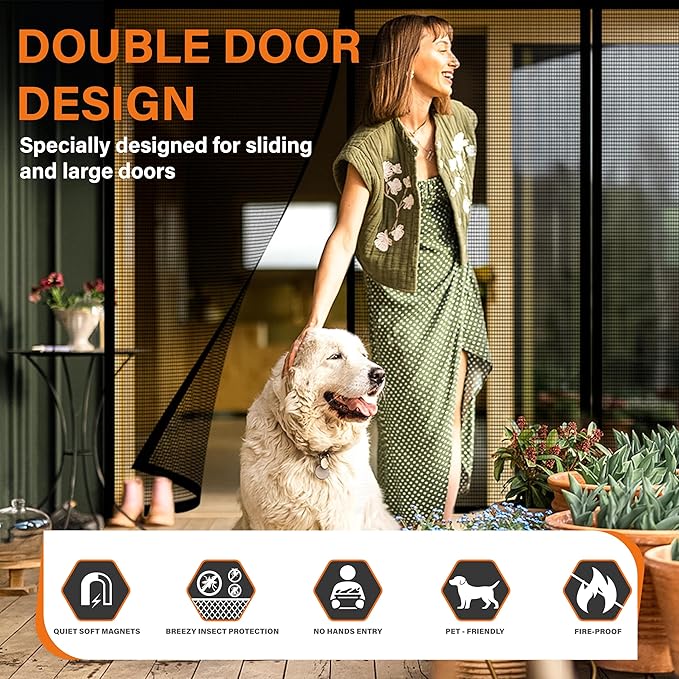 Double Door Fiberglass Magnetic Screen Door,Screen Door Mesh,Keep Bugs Out, Heavy-Duty Mesh Curtain,Pet and Kid Friendly, Works with Front Doors, Sliding Doors(72x96 Inch